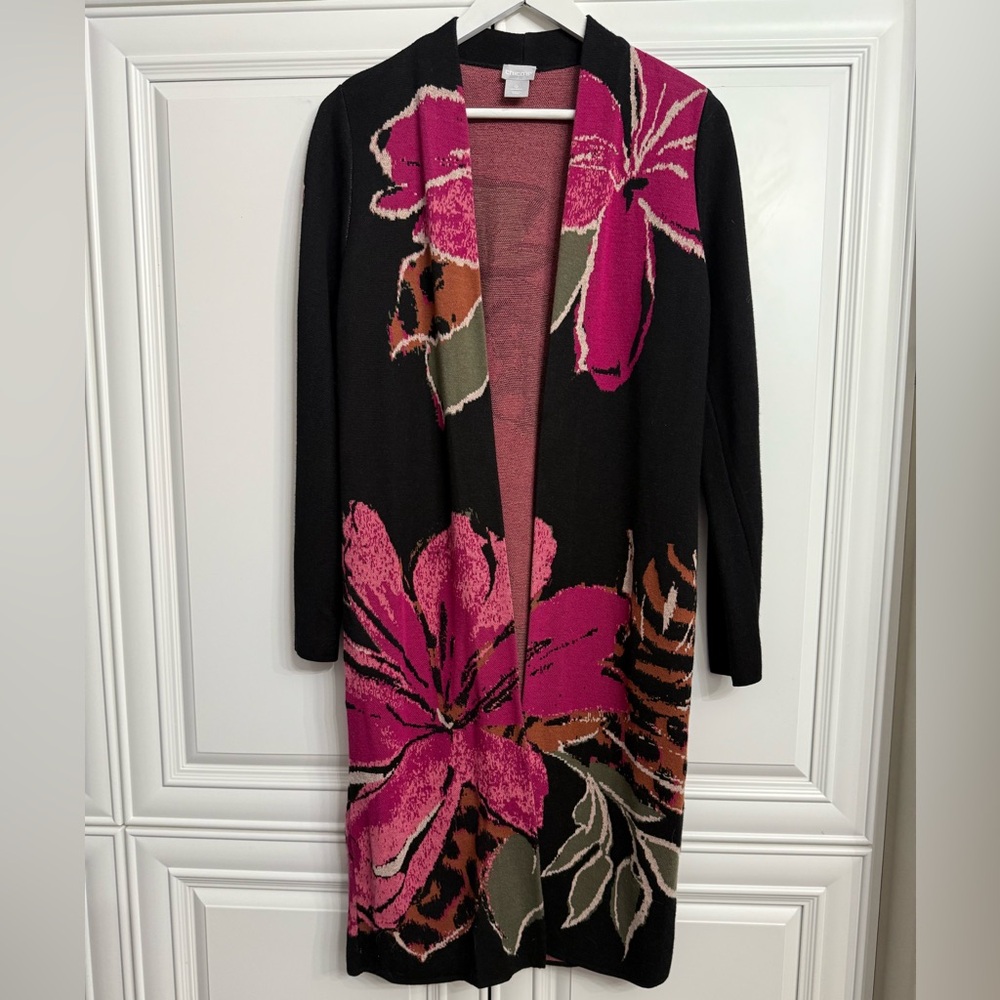 NWT Chico's Size 0 (US S) Long Black Open Front Cardigan Large Pink Floral Print